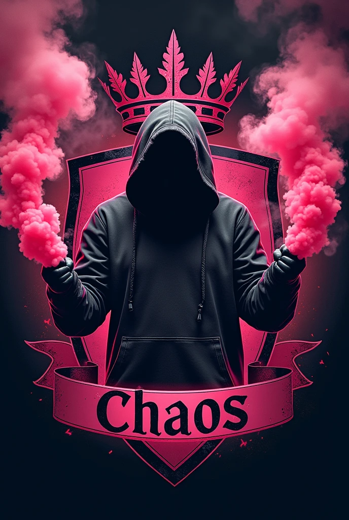 coat of arms in a design with a crown of leaves on the sides and a hooded Hooligan Ultras style football fan with smoke sticks in his hands, pink smoke coming out celebrating and a banner written Chaos, image background in black and pink and black details