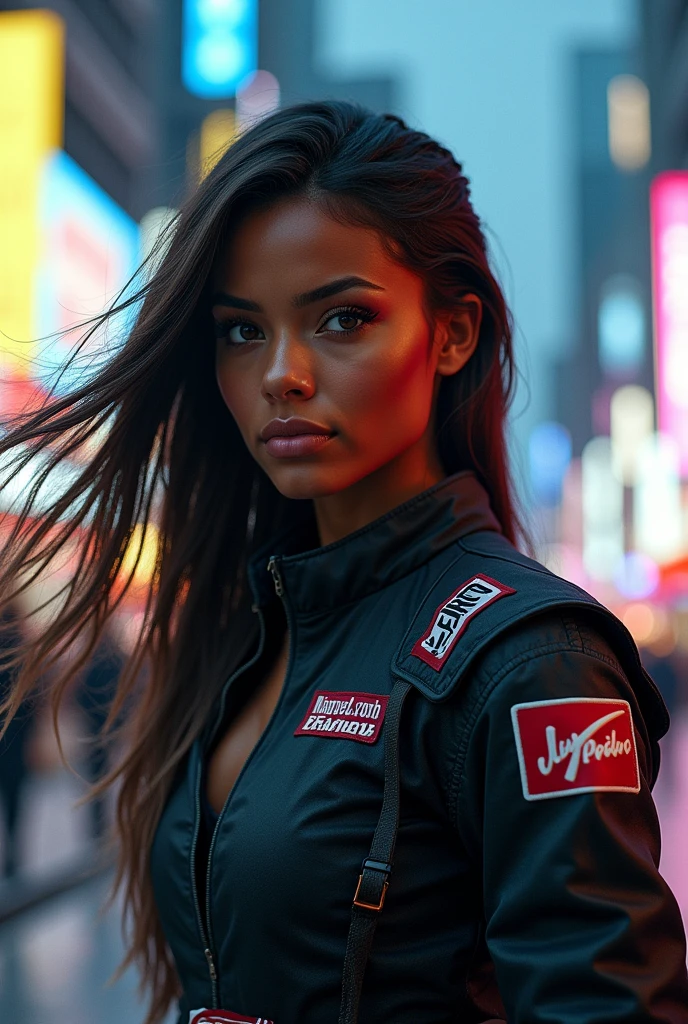 Pretty girl, model with 22 years, fast and furious, hot girl, black girl, long hair, realistic, Tokyo cenário, day, racer, fast & furious.
