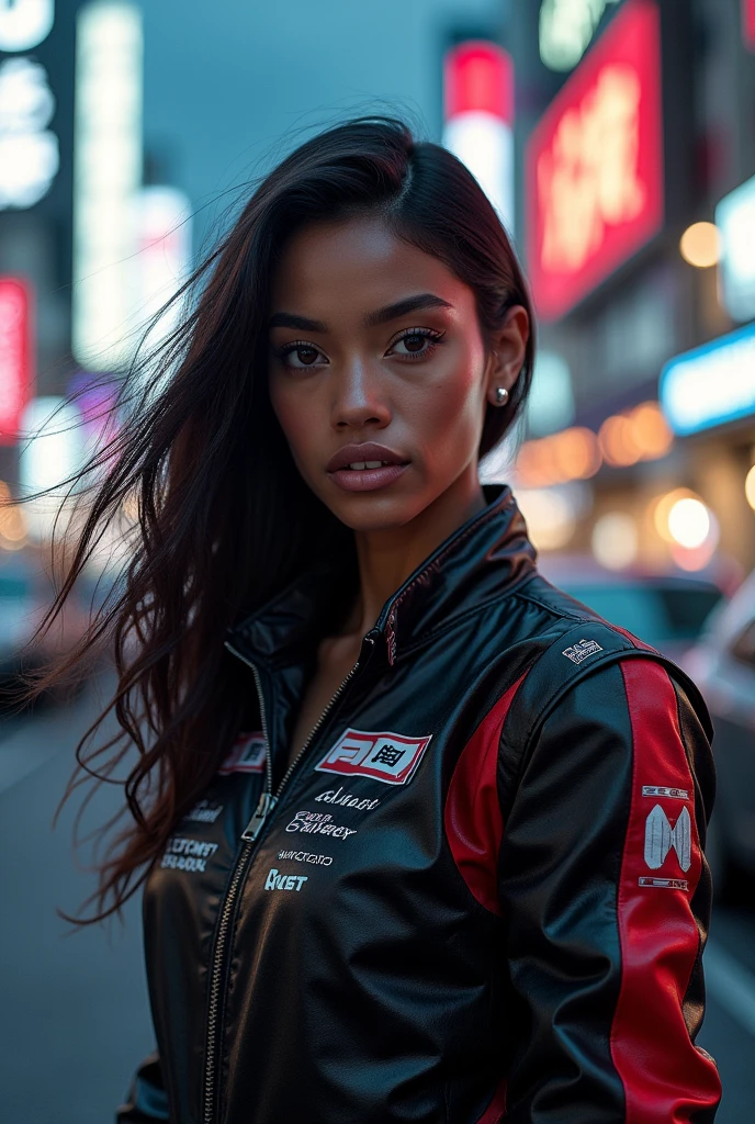 Pretty girl, model with 22 years, fast and furious, hot girl, black girl, long hair, realistic, Tokyo cenário, day, racer, fast & furious.