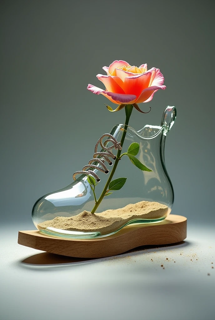 Glass sports shoe with wooden soles, with iron laces that inside a rose comes out and is a vase with sand inside the shoe
