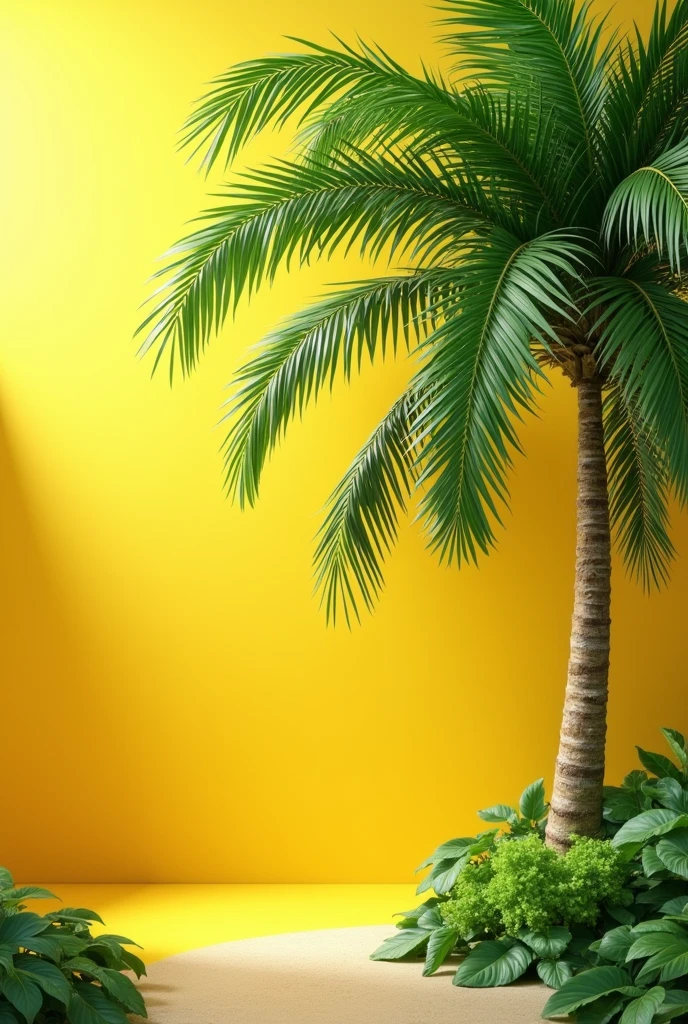 Yellow and green promotional color for a grocery store that has a palm tree in the background and space for text.