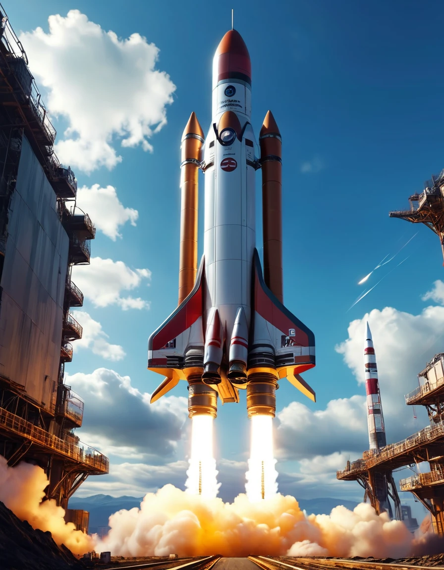 a giant rocket, futuristic sci-fi rocket, massive rocket, huge rocket, high-tech rocket, advanced rocket technology, rocket launch, rocket blasting off, rocket soaring through the sky, dramatic rocket launch scene, rocket engine exhaust, rocket contrails, dramatic lighting, cinematic angle, epic scale, photorealistic, 8k, hyper detailed, intricate details, shiny metal surfaces, complex machinery, glowing engines, dramatic sky, clouds, dynamic composition, moody atmosphere, vibrant colors, stunning visuals