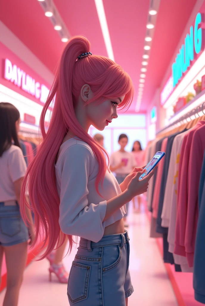 cute long-haired girls in a virtual clothing store called “DAYLIN G” with hers phone in her hands seeing tiktok but touching a shirt from the store where everything is cheap with signs for sale and the store is pink with white and there are more happy people shopping in the background