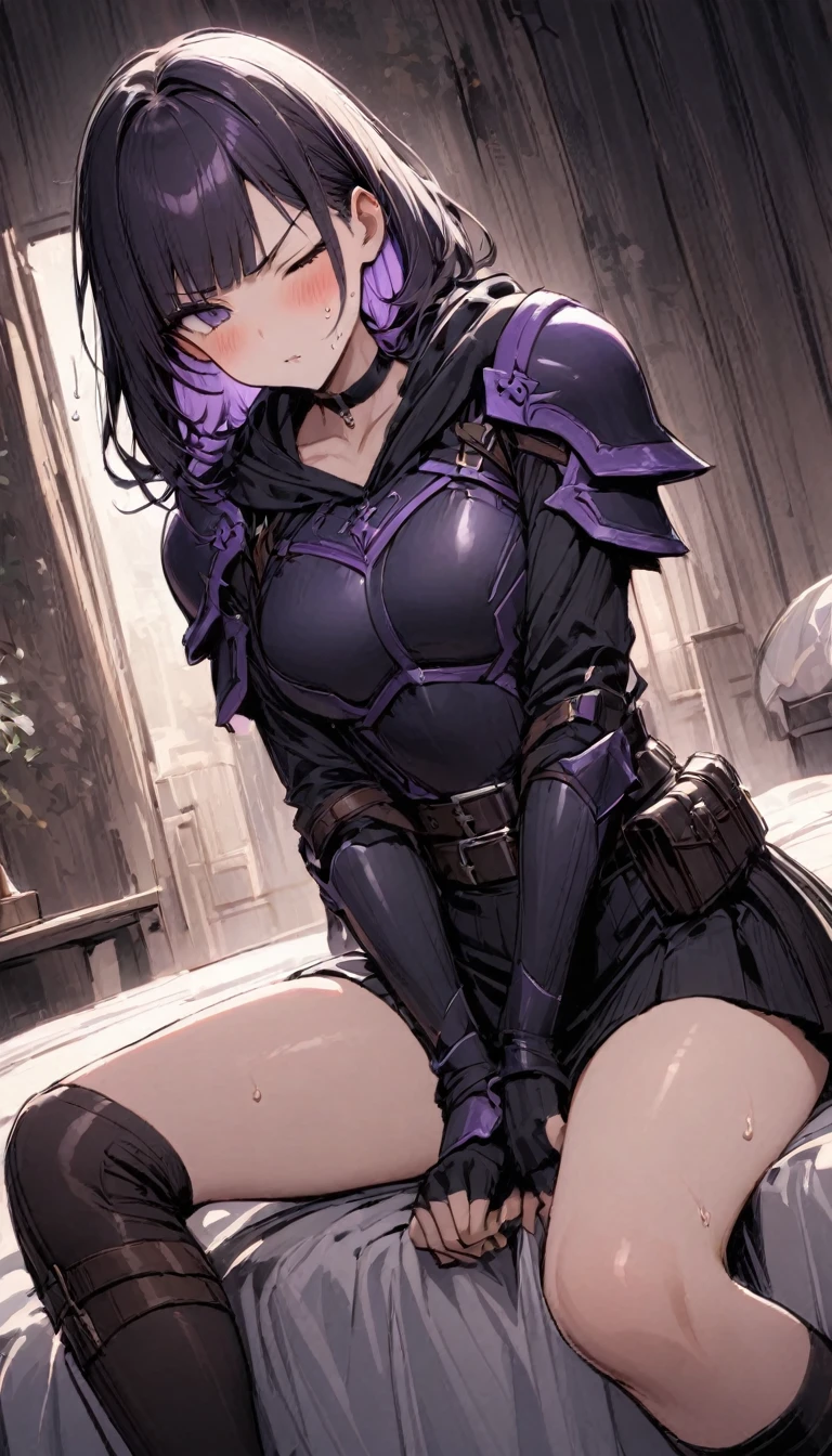 solo,1girl, {{Very slim legs:1.2}},slim body,{{sit1.4}},{{Sitting on the bed:1.8}},Mature Women,Dynamic composition、Dutch Angle,from side,Focus on thighs,{{masterpiece}}, {{{Highest quality}}},{{Very detailed}},magic swordsman,armor, shoulder armor,one eye closed,{{sit1.4}},{{Sitting on the bed:1.8}},{{Hold one arm of yourself}},v-shaped eyebrows.profound,Bad mood,blush,Sweat,{{clavicle:1.4}},{{Leather knee socks}},hoody,choker,mini skirt,,WHITE Inner suit under armor,black fingerless gloves,belt, chest holster, long purple hair,Blunt bangs,Inside the inn