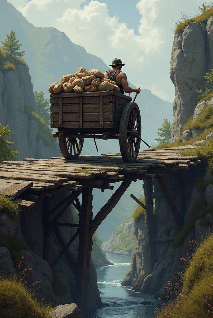Continue the previous image, showing this cart passing through difficult to access locations.
For example: a bridge in very bad condition
