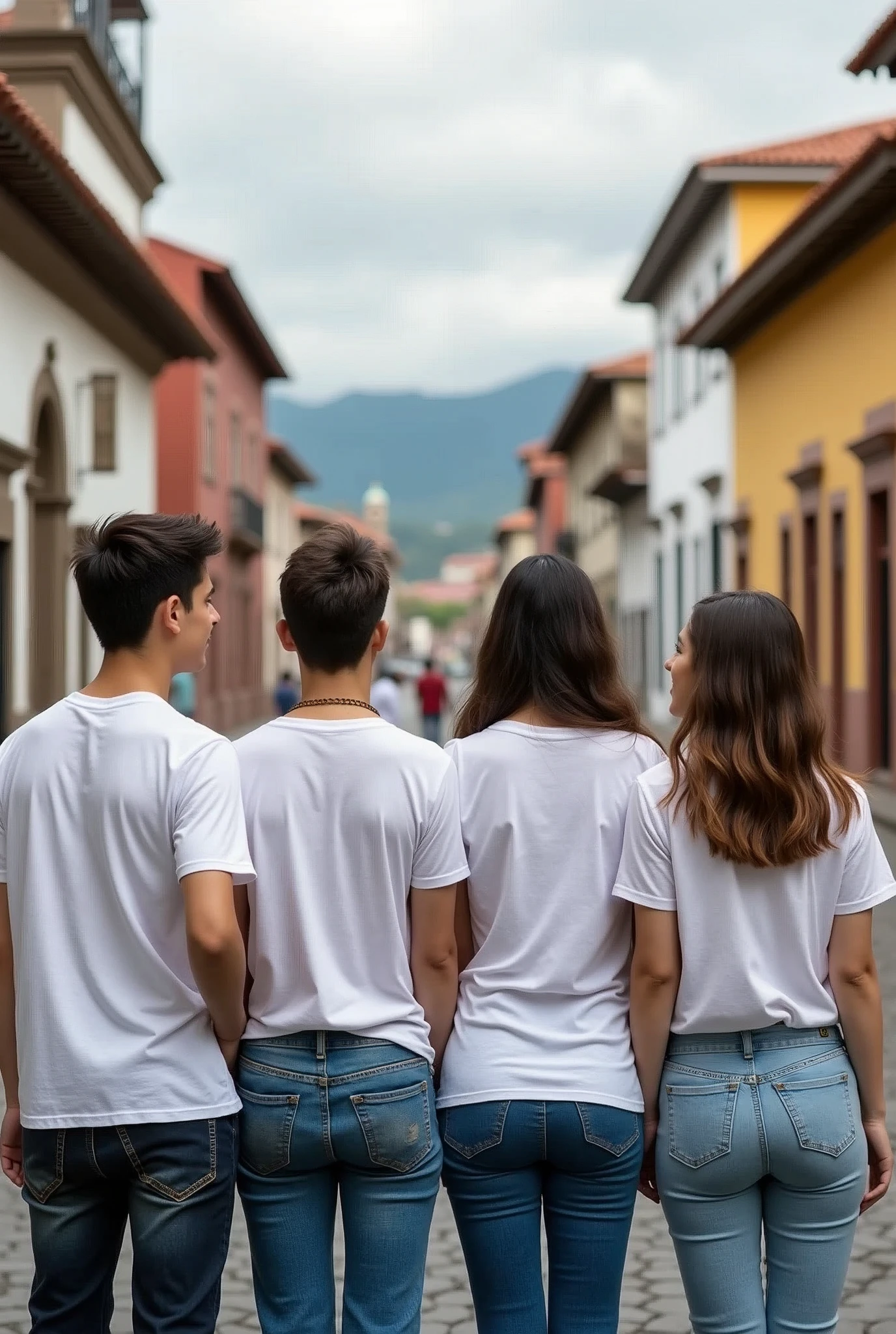 Two young men and women wearing white t-shirts with their backs to the camera in Cuenca, Ecuador