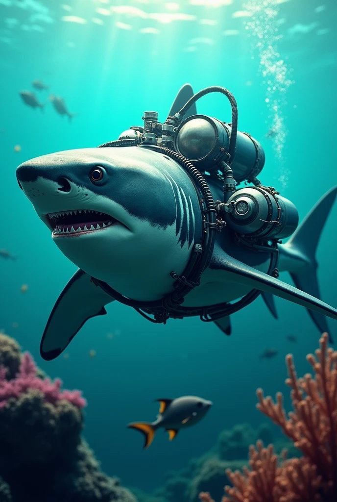 Create an image of a shark with an oxygen tank