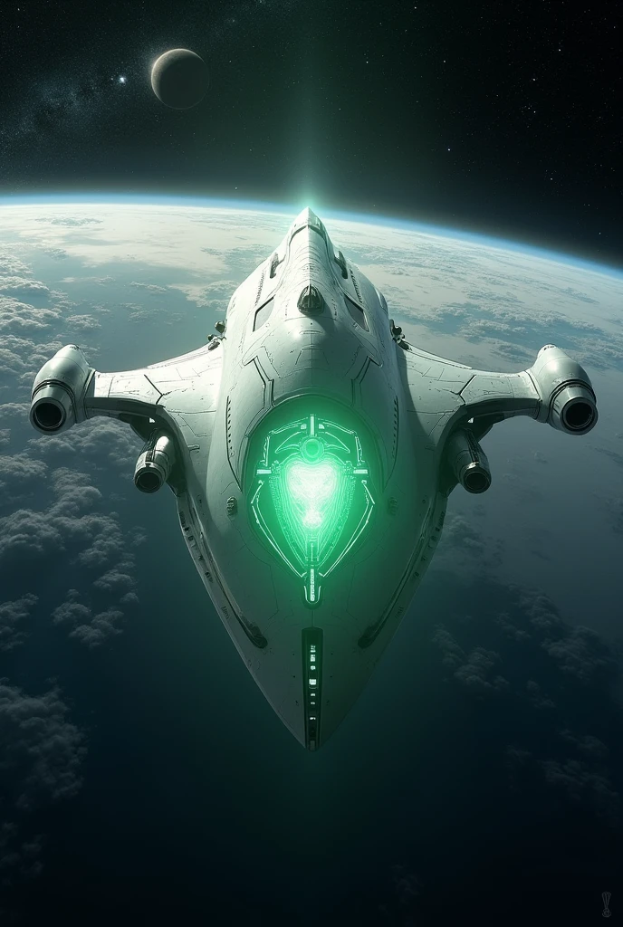 make a giant spaceship, white, with an emerald green shield, flying above Earth's orbit
