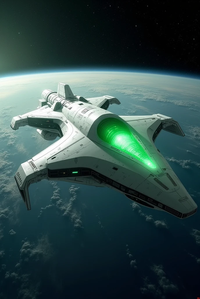 make a giant spaceship, white, with an emerald green shield, flying above Earth's orbit