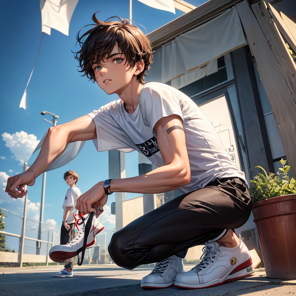 Young boy of 18 years old, with brown hair, his eyes are green and his skin is light, he wears a white shirt with black pants and converse tennis shoes, and he is 1.74 meters tall.
