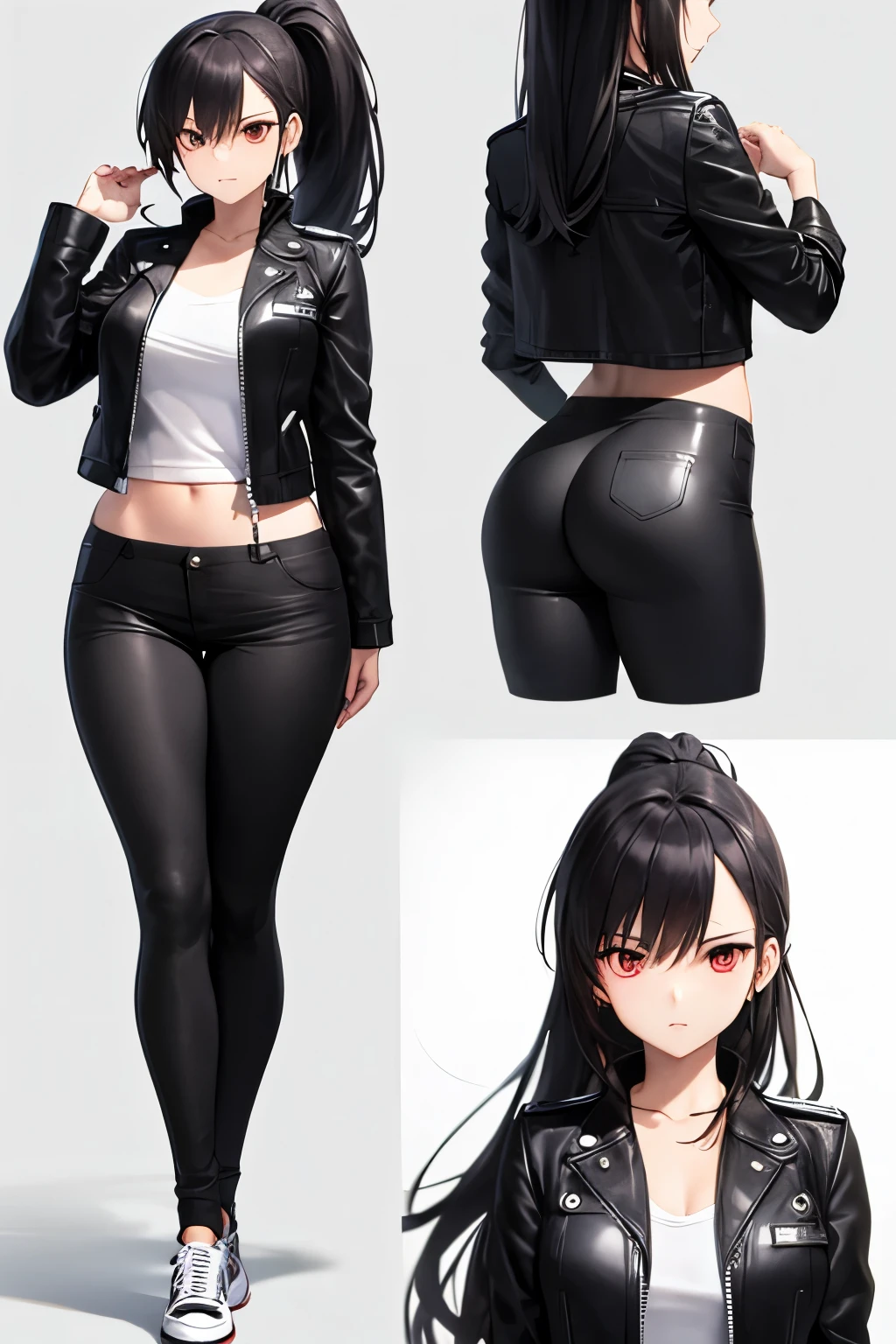 (masterpiece), best quality, BREAK, expressive eyes, (perfect face), 1girl, BREAK,( very long hair, black hair, ponytail), BREAK, (red eyes, agressive eyes, detailed eyes), BREAK, (unpleasant facial expression), BREAK, (very tall height), (skinny build), BREAK, (leather motocycle jacket), BREAK, (black pants), BREAK, (sneakers), BREAK, (downtown), BREAK, (standing), (sideview)