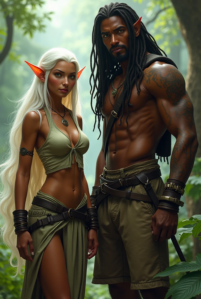 a slender elf with long, white hair, gold eyes, dark skin adventurer clothes, next to you is your boyfriend, tall, dark-haired, with dreadlocks, green eyes and muscular