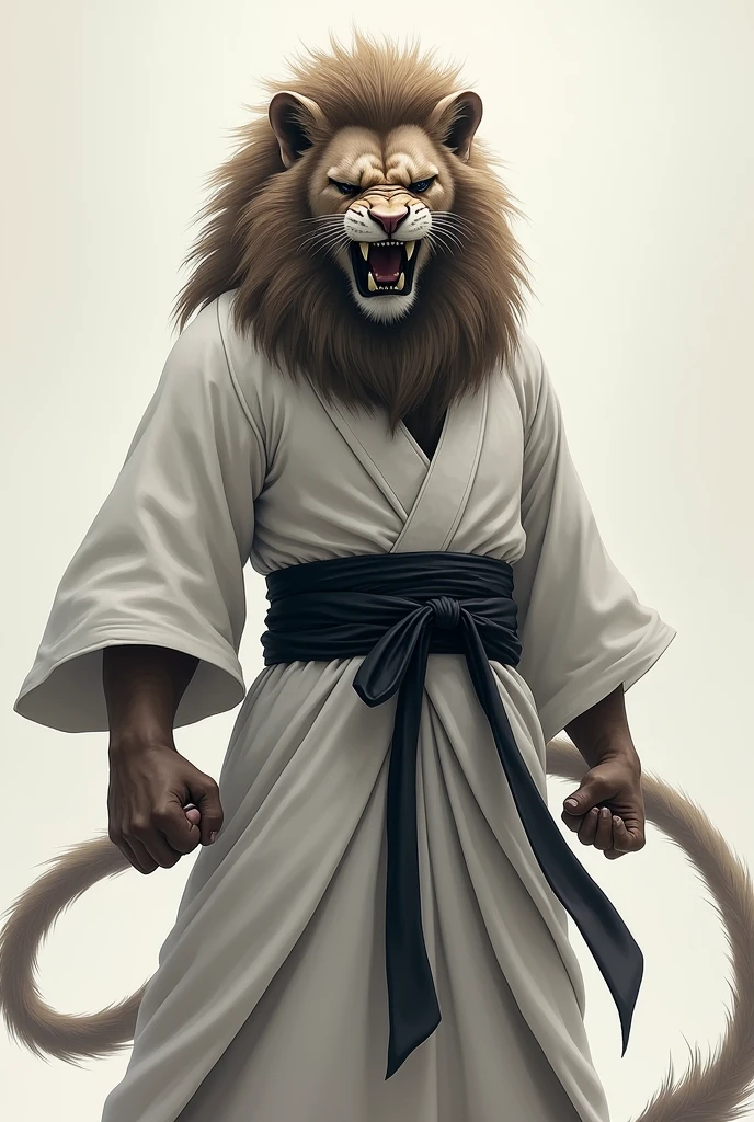 lion with one blind eye wearing a white kimono and a black belt, angry face