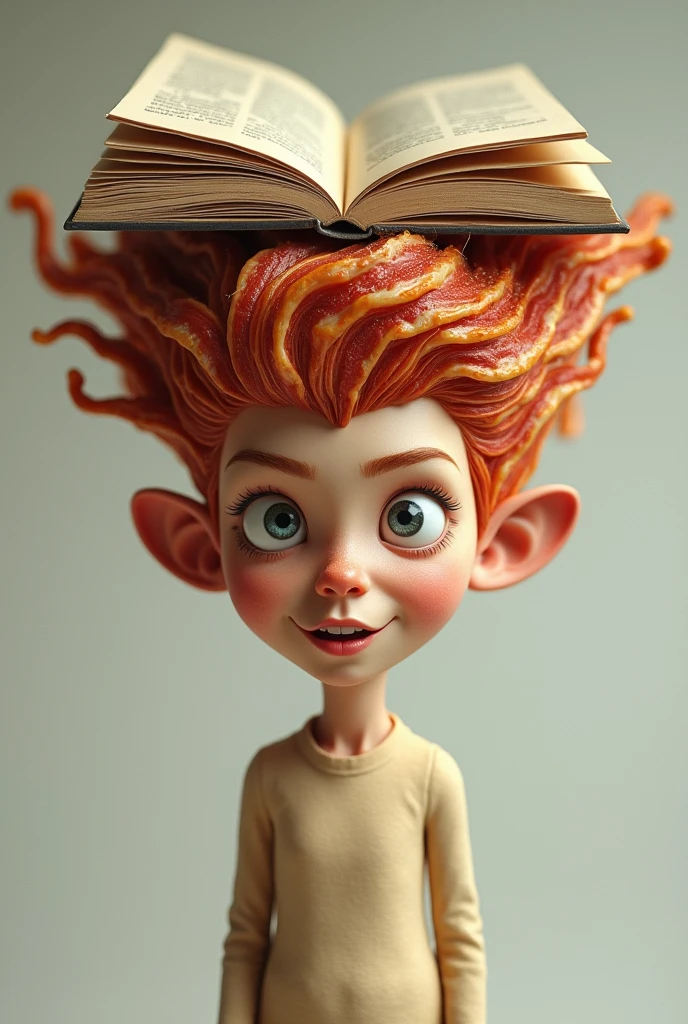 Generate a person with bacon hair and a book on their head