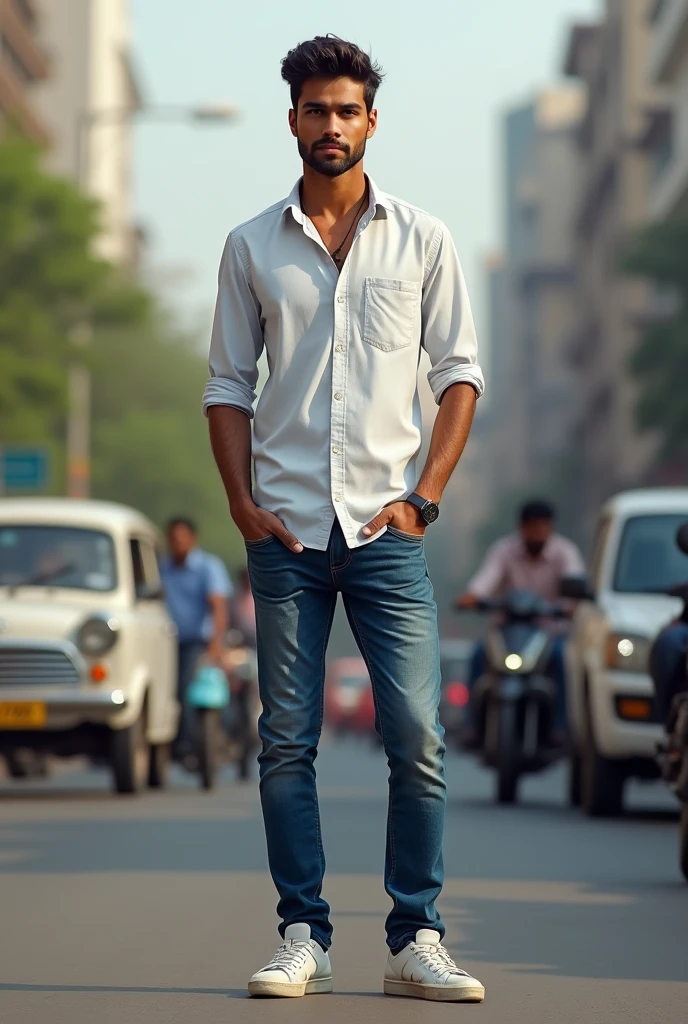 A real 25 years old men hieght 5.3m and weight 60kg (south india face cut without beard), Wearing white shirt blue jeans sneakers and the men trapfic  Create Realistic image high quality