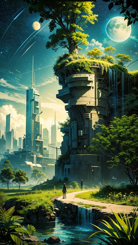 The skyline of a jungle planet in the black star system, detailed, intricate details, award winning, (masterpiece, best quality:1.4), 