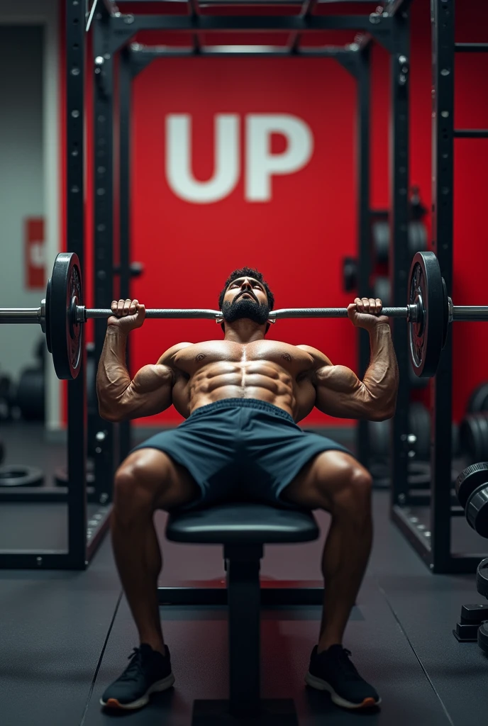 "A muscular man is performing a bench press at a gym. He is lying on a straight bench, It's on its side, holding a weight bar with his hands shoulder-width apart, pushing the weight upwards. The surrounding environment is a gym with weight training equipment and people around, weight plates and a floor covered in black rubber mats. The wall in the background is red with the word UP written on it!, and the lighting highlights the man's muscular definition, with emphasis on his well-defined pectoral and abdominal muscles. The scene captures the intensity of the workout in a weight training environment."