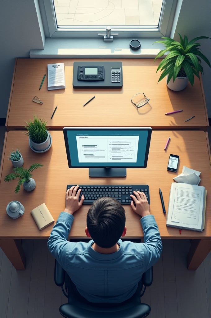 Computer screen with a drawer open on a table, a calculator and a person working