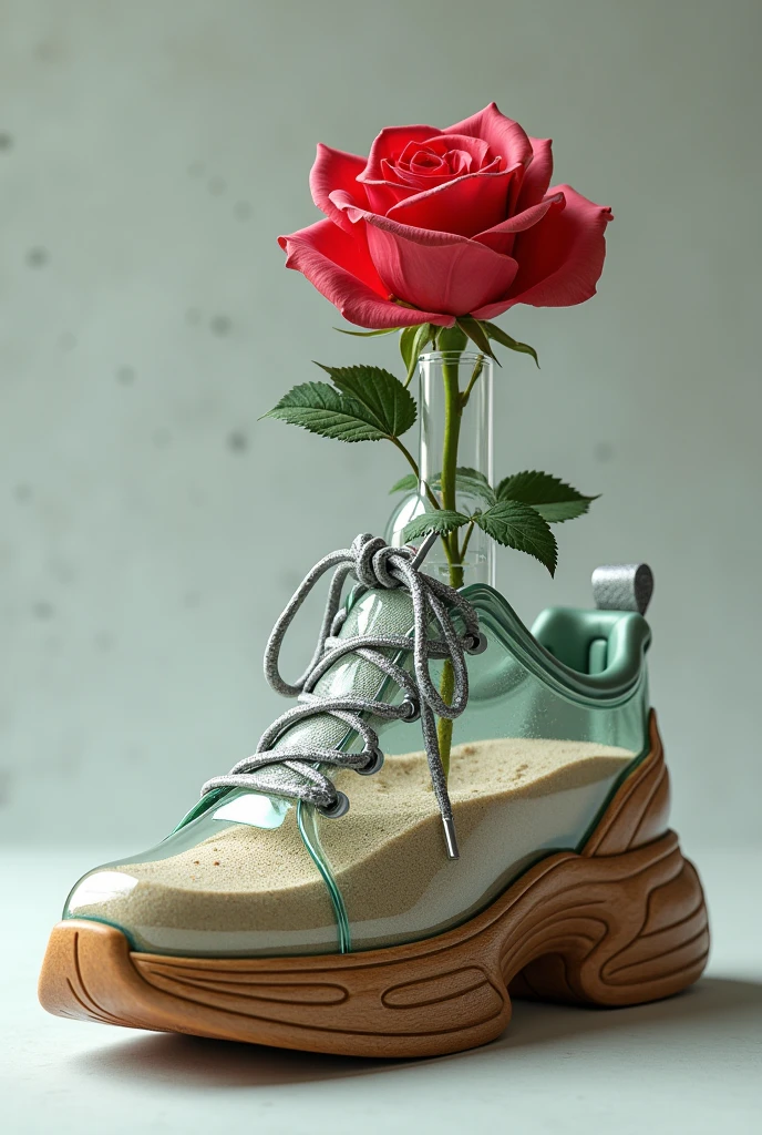 Glass sports shoe with wooden soles, with iron laces that inside a rose comes out and is a vase with sand inside the shoe
