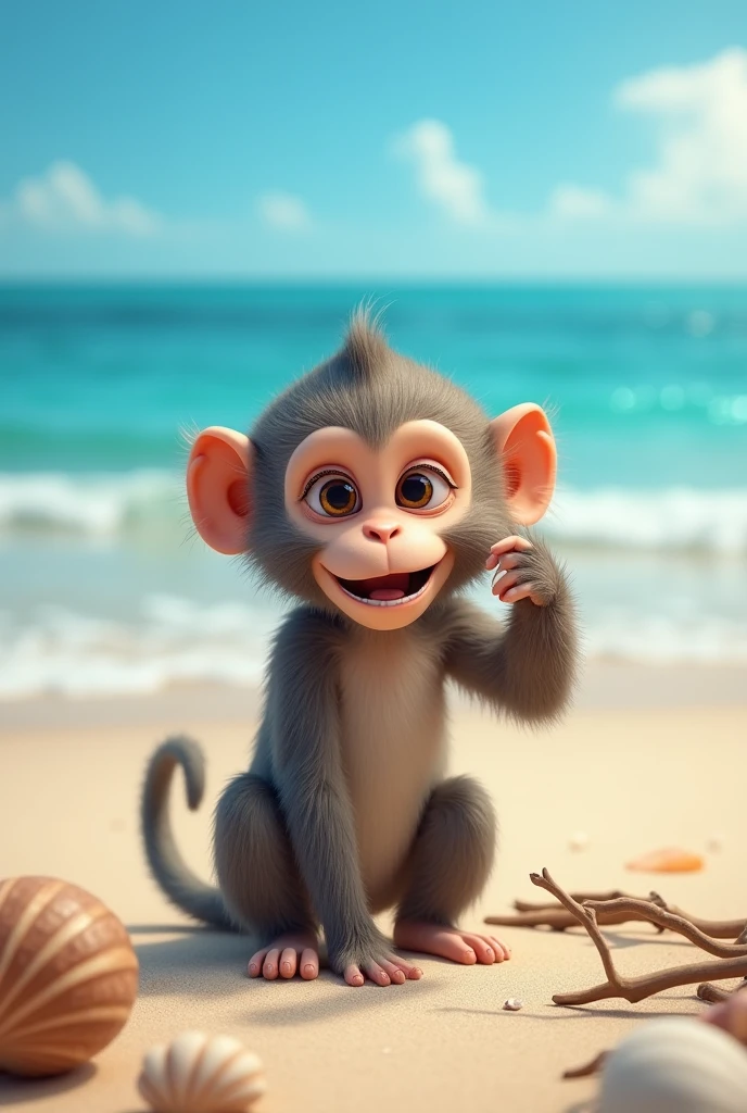 Singe qui prend uniquement sa jambe en photo sur la plage devant la mer