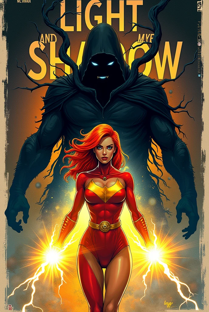 Generate an image of a comic book cover in the style of the 80s, where the superhero is a woman and her power is light and her hair color is red, and the villain is darkness, To title it light and shadow