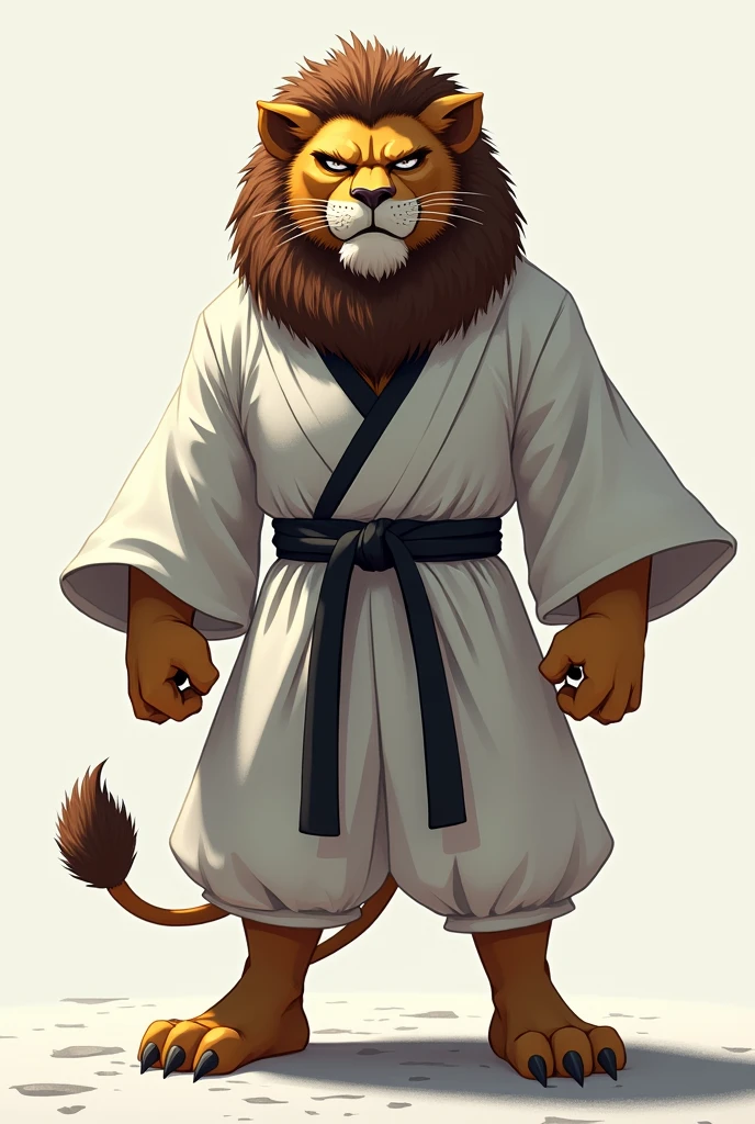 lion with one blind eye wearing a white kimono and a black belt, angry face 
