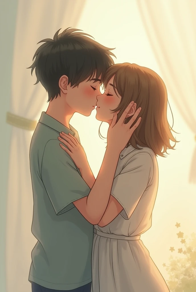 A couple of young boy and girl kissing