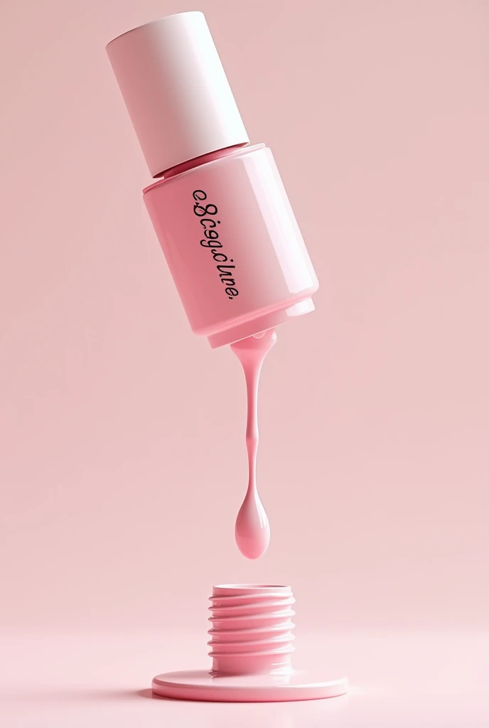 A bottle of nail polish dripping subtly, its color being pink, and at the end it says "by. but "