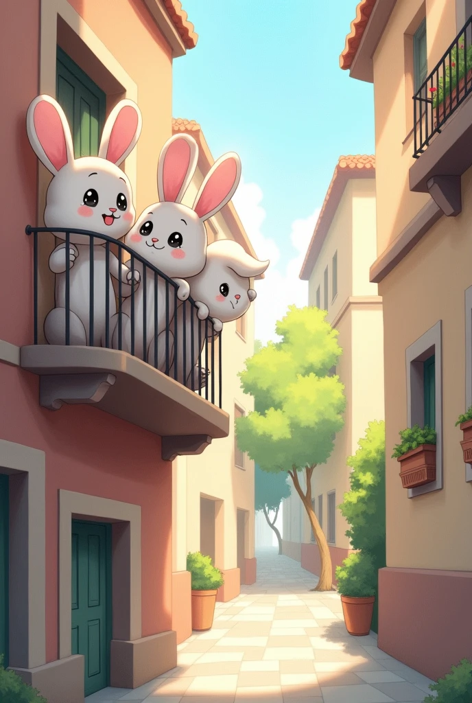An easy-to-replicate drawing of a balcony, as seen from the street, with some bunnies looking down.