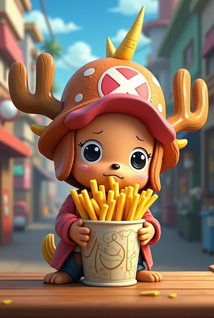 One Piece animated potato-horned Chopper with a cup of french fries