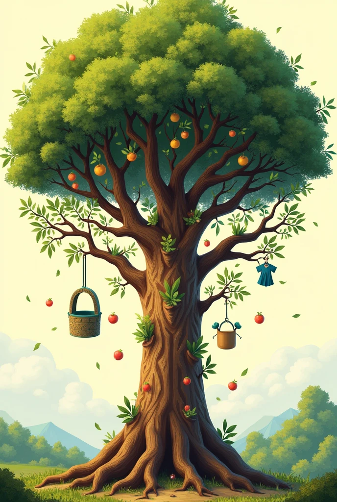A large tree with strong roots symbolizing local and sustainable consumption. on every branch, there are different product icons: fruits, handmade clothes, and recycled items.