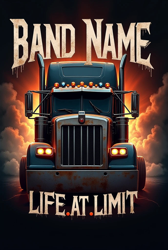 A Band Logo, Band Name Guys with Character, Album Name Life at.Limit, Truck Metal Band , with a truck on it without faces