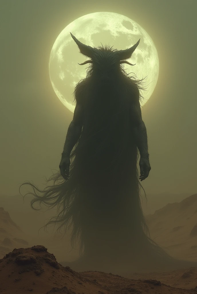 A dark, desolate desert with a figure shifting between human and animal forms, with an ominous glow in the background hyper realistic 