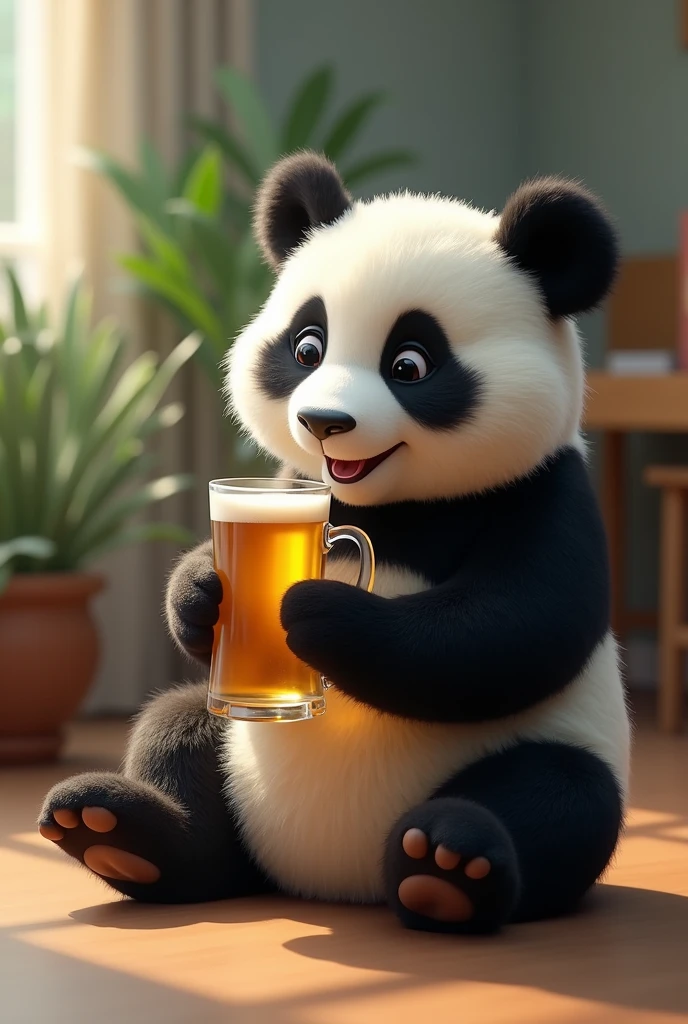 A panda bear, with black and white colors, drinking beer on the floor