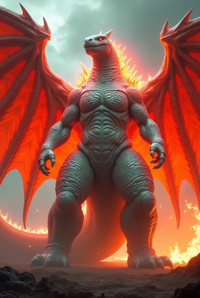 WHITE GODZILLA WITH RED EMERALD ARMOR WITH HUGE RED FIRE WINGS