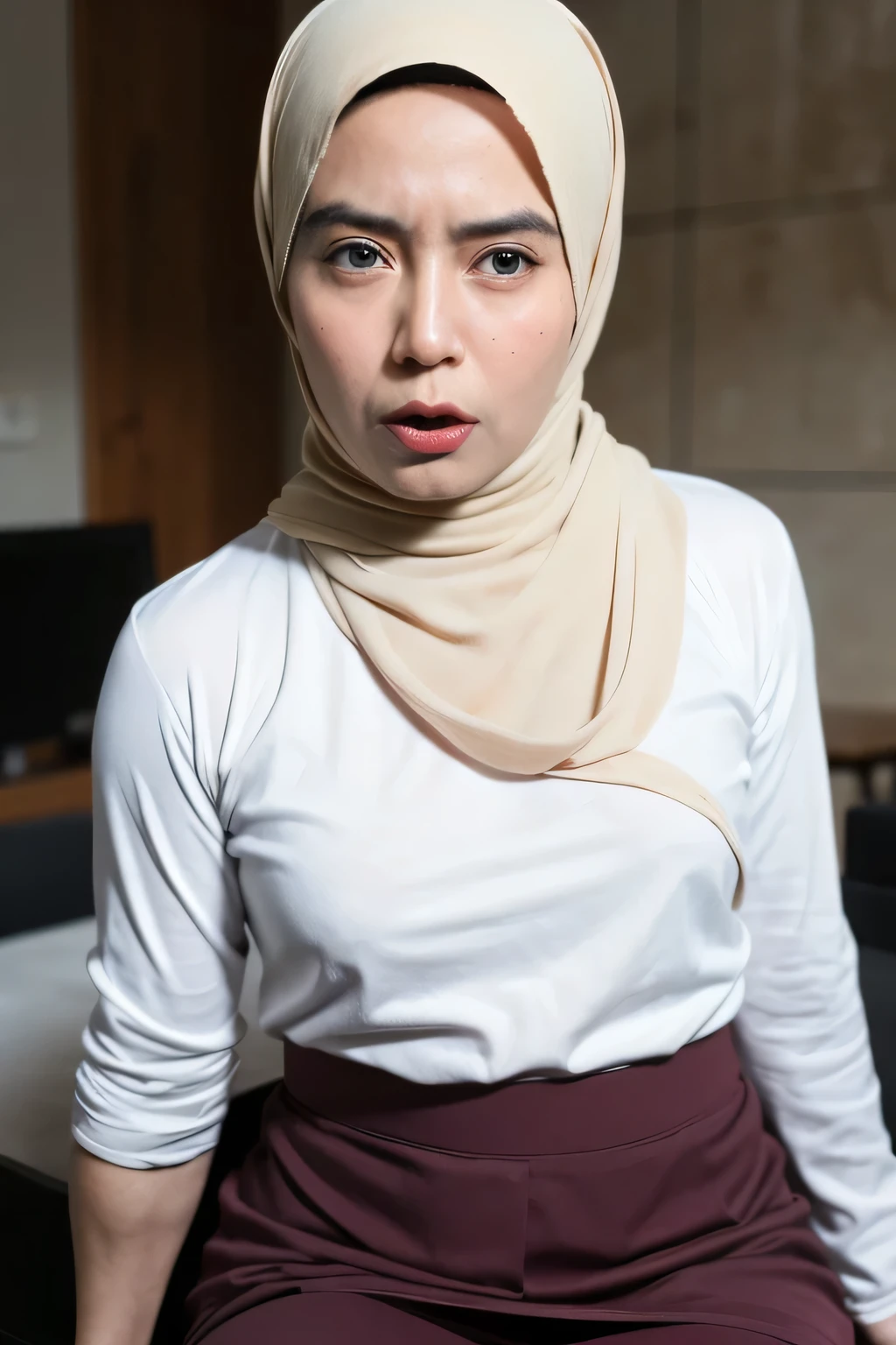 panties / presenting panties, (Chubby Pussy), SCARFS, ((Wearing Bra)), ((Pencil Skirt)), (Arm Muscles:1.7), ((Neck Lace)), ((6x-UltraSharp)), Milf Bitch, Straddling, ((Naked red)), ((Old Lady :1.6)), Very cute like a Matured Lady, ((Stylo Stylish Hijab)), adorable, 2 girl, 55 years old, baby face, shy, half body portrait, ((ANGRY FACE EXPRESSION:1.4)),  (face details: 1), (eye details: 1), Cute posed. proportional body. Ultra High Res. (realistic: 2), UHD, Tiny breasts 