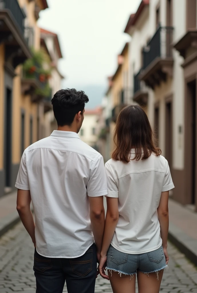Young man and woman with white shirts, backs to the camera, in Cuenca, Ecuador