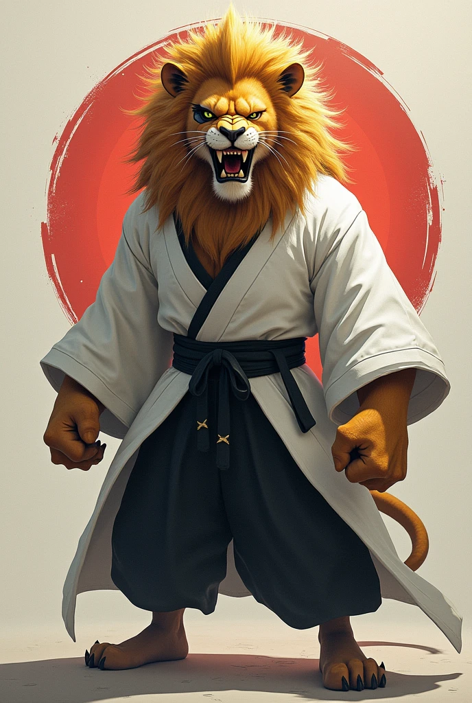 lion with one blind eye wearing a white kimono and a black belt, angry face
