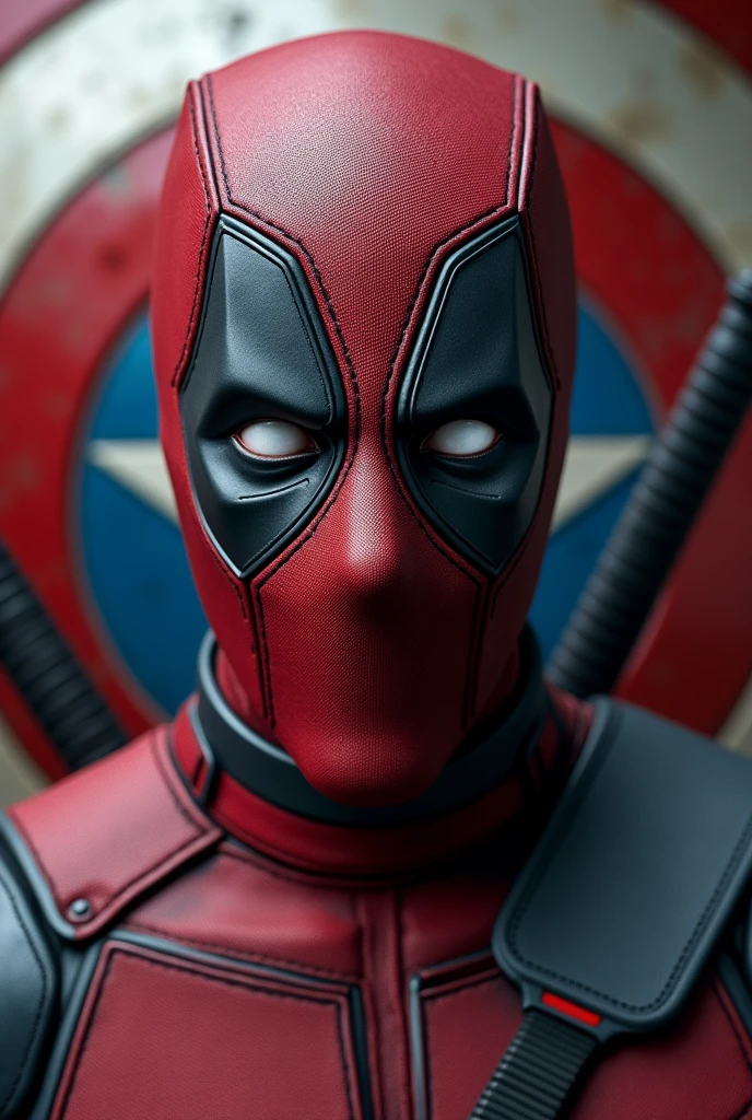 crie deadpool, without mask looking at me, in the background the captain america shield, centered and realistic 4k image, more realistic