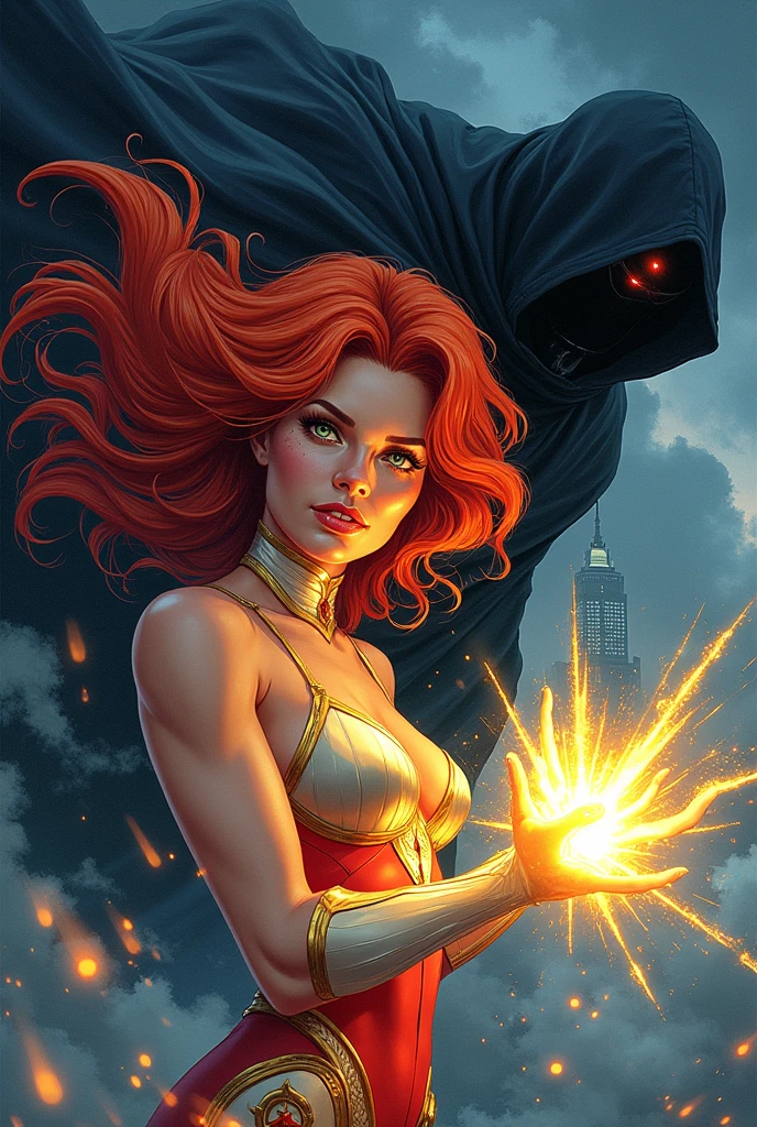 Generate an image of a comic book cover in the style of the 80s, where the superhero is a woman and her power is light and her hair color is red, and the villain is darkness, Put this title: Light and Shadow