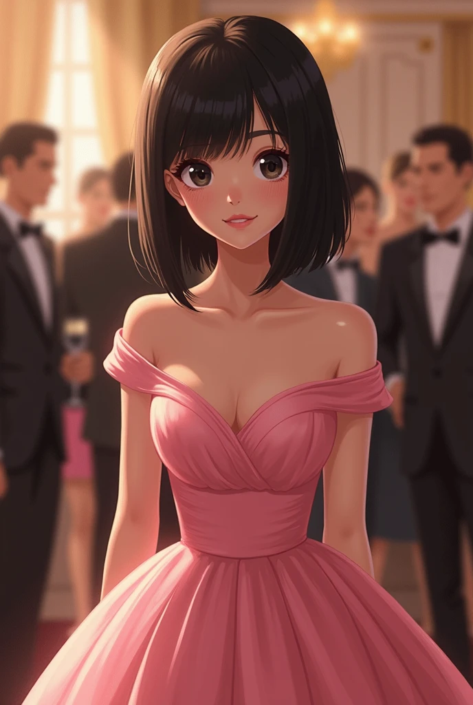 A debutante in a party dress with short sleeves, covering the neck, well-rounded and pink, with long, straight black hair, slightly upturned black eyes, light brown skin and facing forward, whole body cute 
