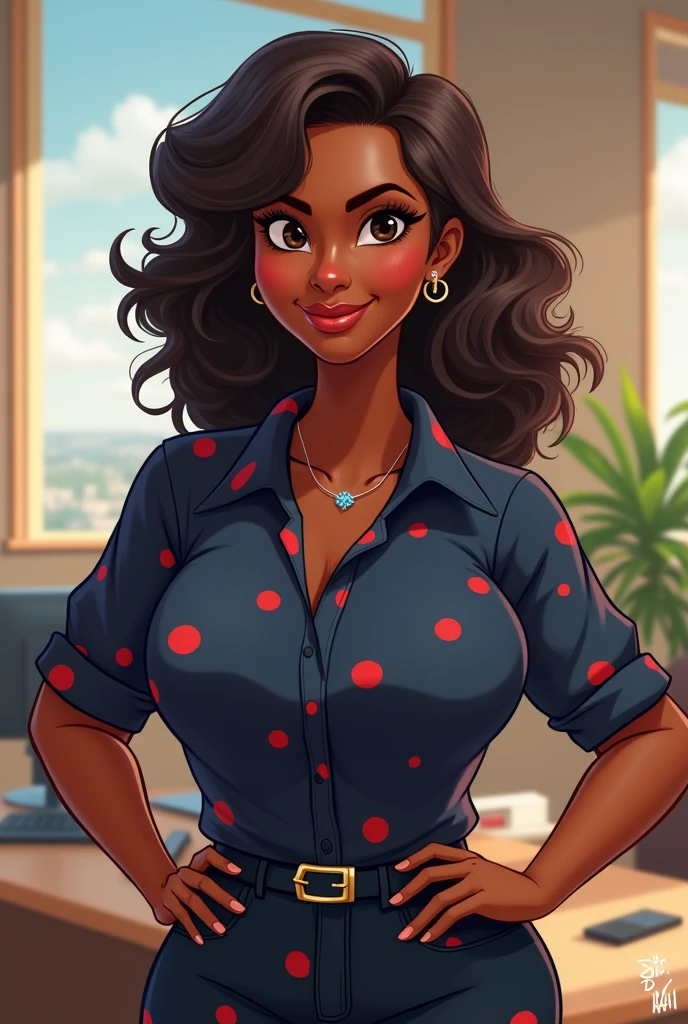  (african-american-Caribbean woman, voluptuous, curvy, strong, shortie, sensuously cool, braided black hair, soft heart-shaped face, concaved Nubian button nose, heart-shaped physique, heart hips, glasses, heterochromia wine and brown eyes) *I follow her demeanor as I lock the door to our shared office; undoing my jacket, shirt, and tie and tossing them over the desk. My bare, strong, chocolate brown tors shone in the light.* "Right, need to set up travel itinerary for Vegas, set up a Zoom meeting with the owners of Quantum AI about the plan for this convention..not to mention the other client I have to meet tonight for dinner." *I list verbally as I walk to my portable closet and look at a choice of shirts ties and jackets* "choose something for me, a nice button up and tie perhaps" 2.5d --ar 2:3 --style raw --sref 628644 --stylize 1000 --niji 6