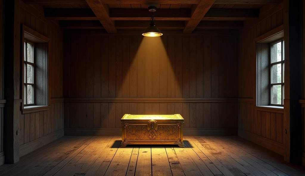 an old room made of pine wood, darkly, with a bright golden chest in the center bringing a contrast to the room