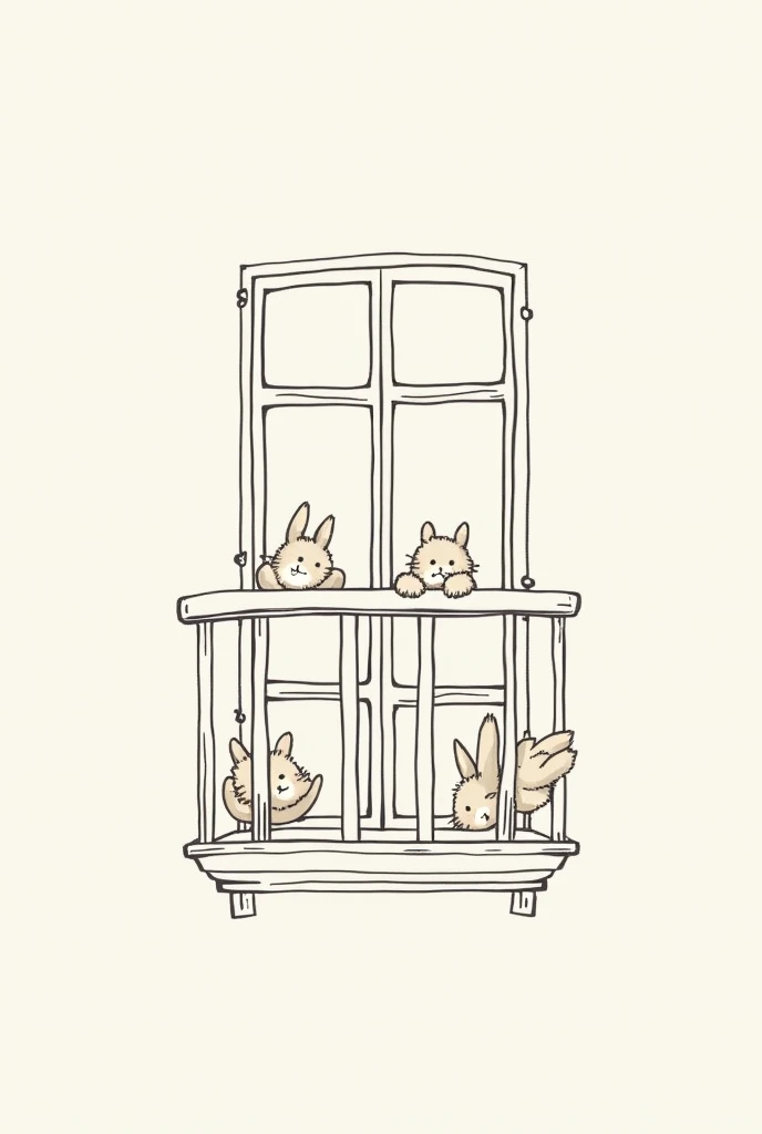 An easy-to-replicate drawing of a balcony, as seen from the street, with some bunnies looking down., You can't see the streets, it's just the balcony and the rabbits are peeking out from the balcony, but they are small and peeking out from below 