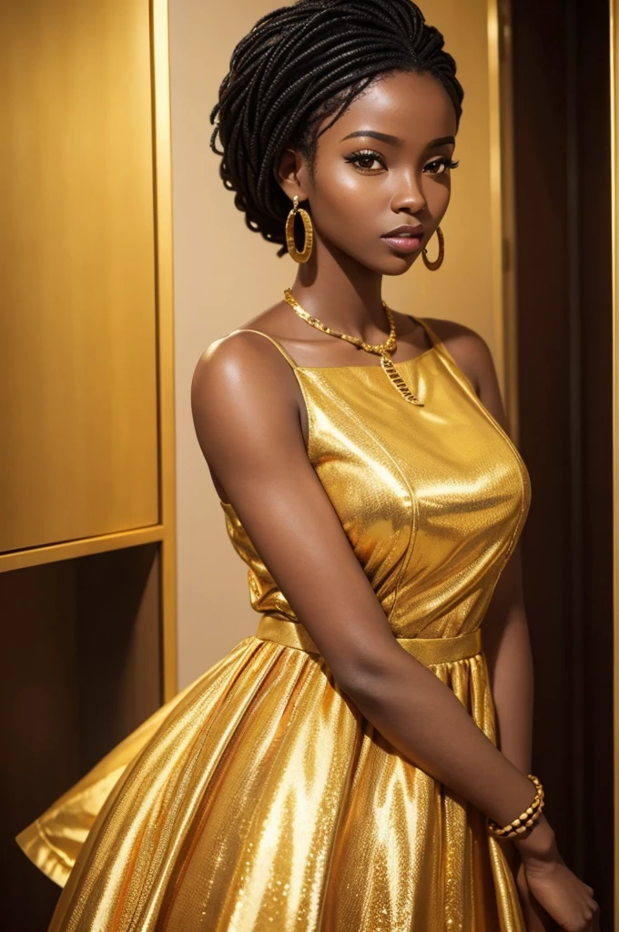 beautiful African woman, short ((golden)) dress that seems to flow like honey, dark skin