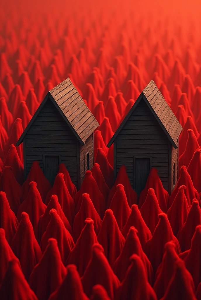 two white houses facing each other, made of horizontal strips of wood. Las dos casas son cuadradas y se ve Ceiling triangular, have two square windows. The houses are surrounded by small people whose faces cannot be seen and who are dressed all in red, as if it were a fabric like felt. Their coats have a pointed red hood that covers their faces from everyone. The children with this red clothing, they are distributed throughout the scene as if they were the flames of a fire. that is to say, the houses seem to be on fire, but instead of flames there are children in red clothes and with their pointed hoods that seem to be the tips of the flame. The children are in the windows, Ceiling, the walls, Outside on the floor.
