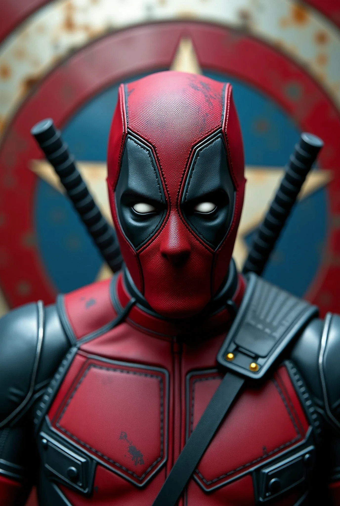 crie deadpool, without mask looking at me, in the background the captain america shield, centered and realistic 4k image, more realistic