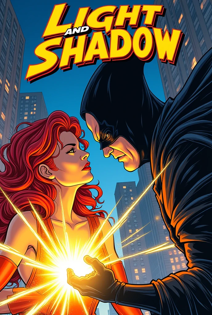 Generate an image of a comic book cover in the style of the 80s, where the superhero is a woman and her power is light and her hair color is red, and the villain is darkness, Put this title: Light and Shadow