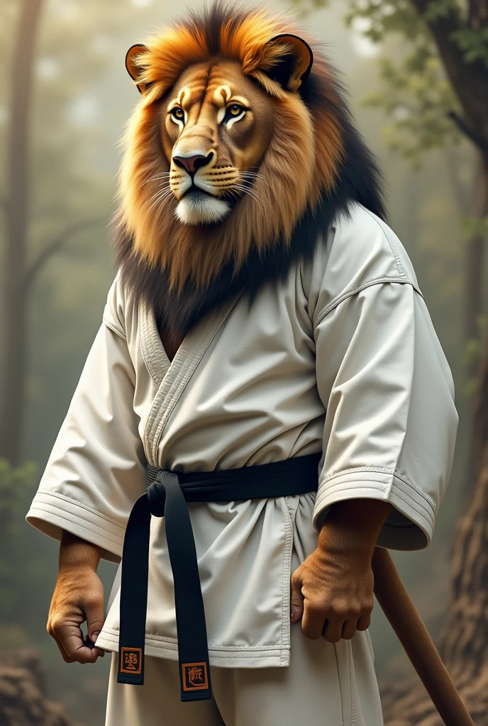 Lion with one blind eye wearing a white kimono and a black jiu jitsu belt