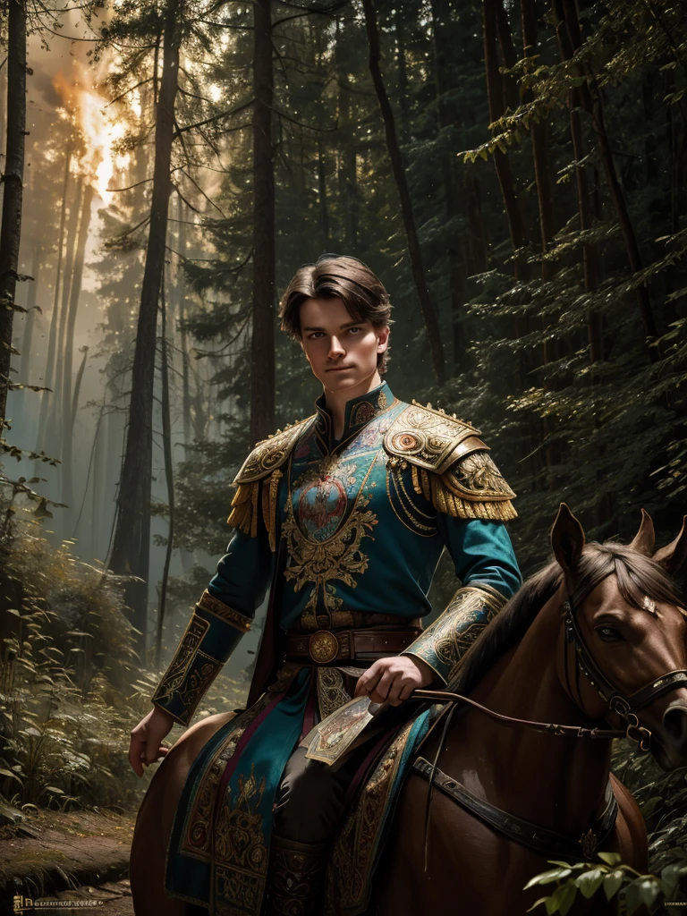 Victorian Portrait of a Russian young prince, beautiful, 30 years, a man, Sadko, a fairy tale character, Warrior in Russian armor, old russian ornament on his shirt. Old Russia, the forest in the background., photo, Explosion, Fire, Neon light, style of Greg Rutkowski and Alphones Mucha, Ilya Kuvshinov